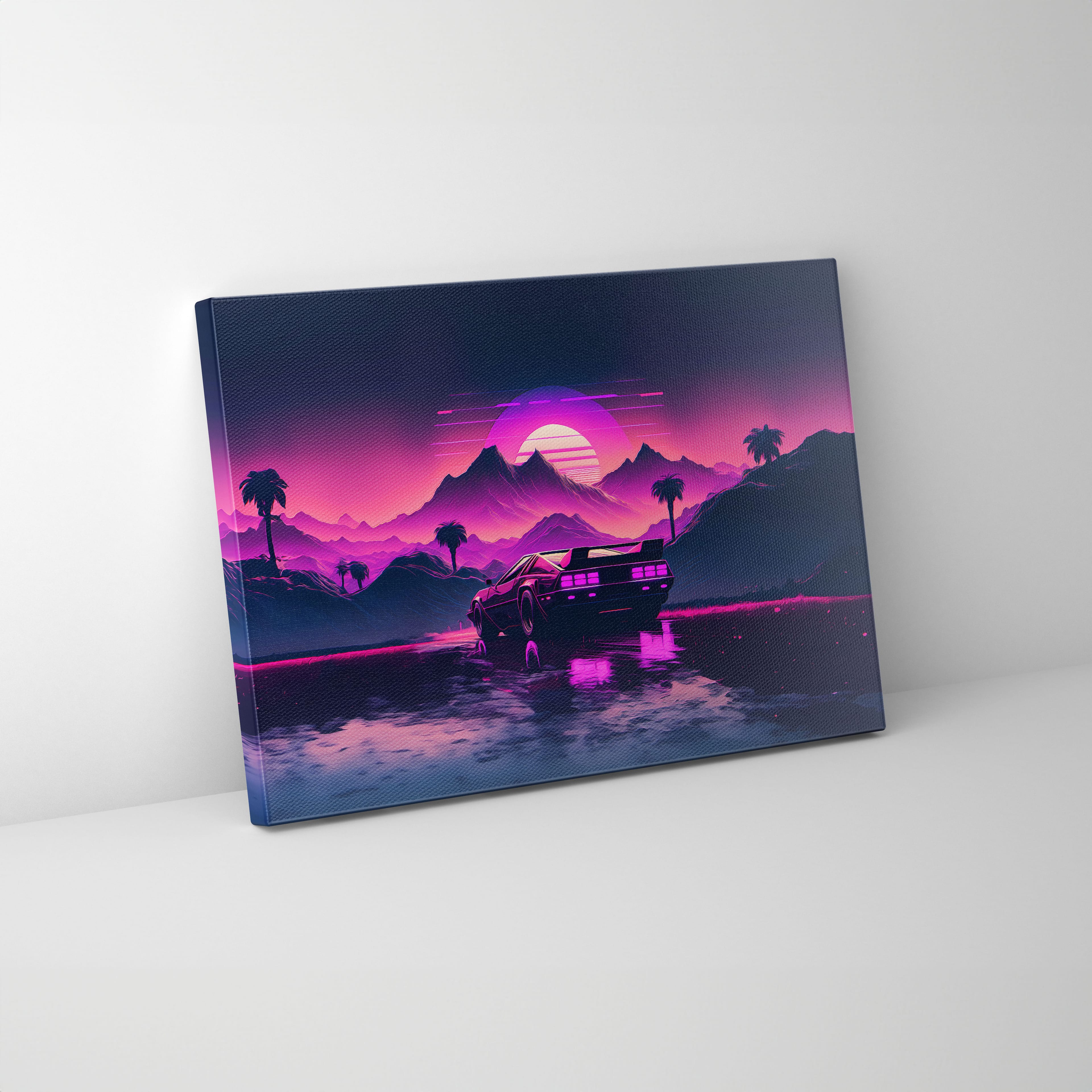 Spor Araba ile Gün Batımı Retrowave Kanvas Tablo